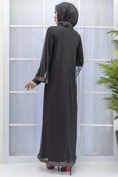 Büyük Beden Tüllü Payetli Elbise Siyah OTW7082