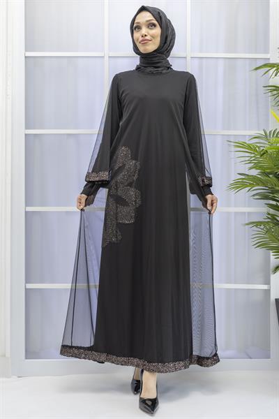 Büyük Beden Tüllü Payetli Elbise Siyah OTW7082