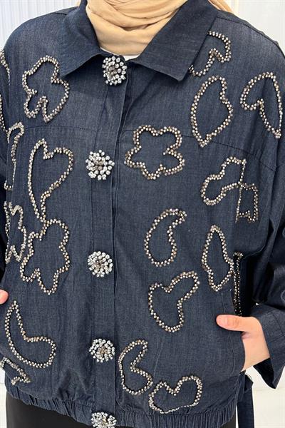 Büyük Beden Uyumlu Taş Detaylı Denim Ceket Mavi OTW9585