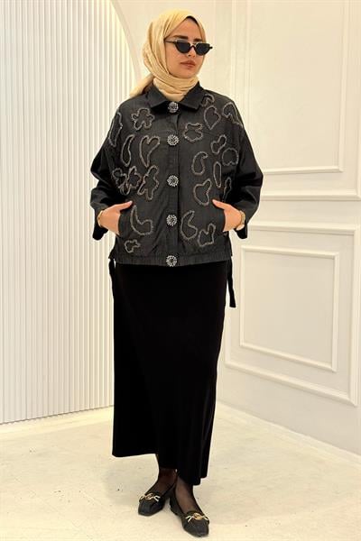 Büyük Beden Uyumlu Taş Detaylı Denim Ceket Siyah OTW9585