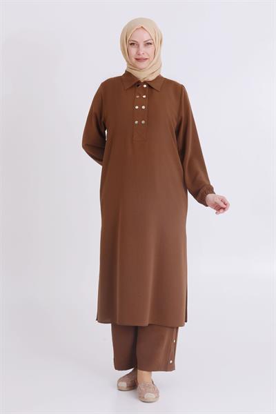 Büyük Beden Uzun Pantolonlu Takım Kahve OTW3540