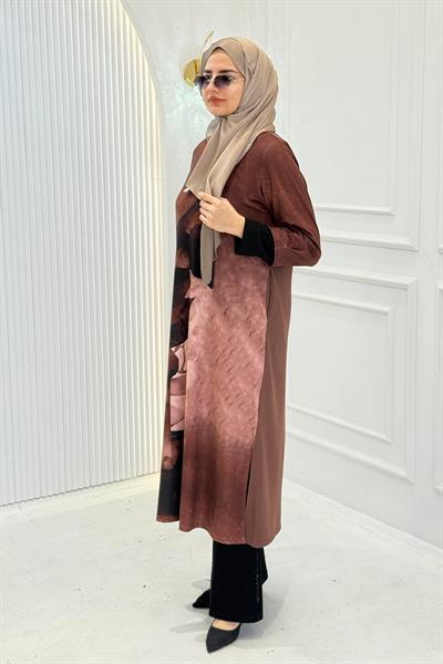 Büyük Beden Yaprak Desen Salaş Tunik&Elbise Brown OTW1025