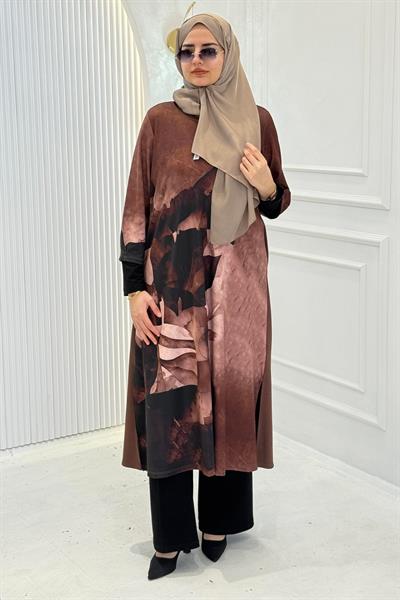Büyük Beden Yaprak Desen Salaş Tunik&Elbise Brown OTW1025