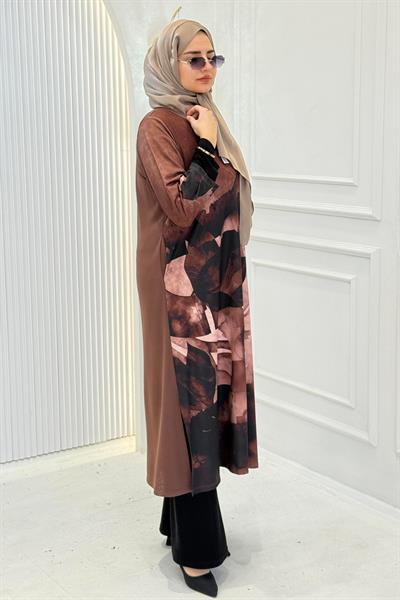 Büyük Beden Yaprak Desen Salaş Tunik&Elbise Brown OTW1025