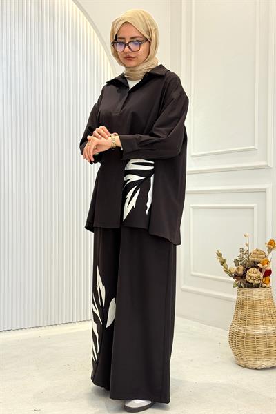 Büyük Beden Yaprak Desenli Pantolonlu Takım Kahve OTW9489