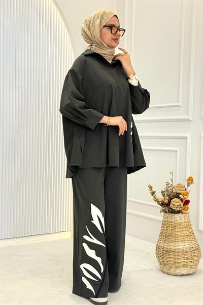 Büyük Beden Yaprak Desenli Pantolonlu Takım Haki OTW9489