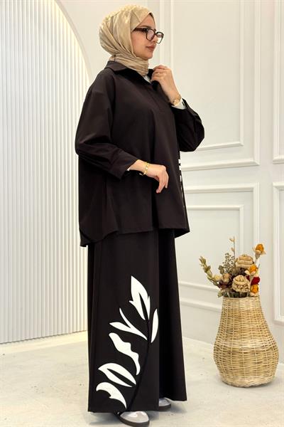 Büyük Beden Yaprak Desenli Pantolonlu Takım Kahve OTW9489