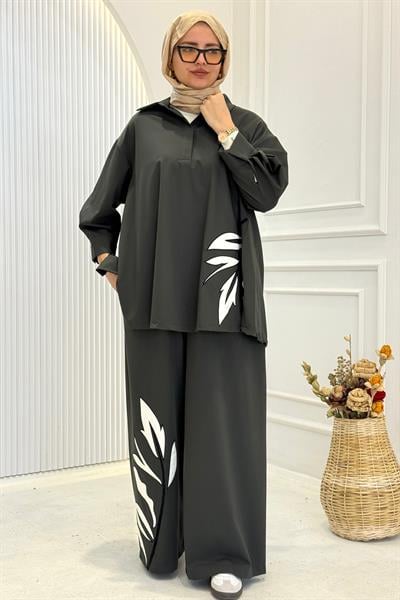 Büyük Beden Yaprak Desenli Pantolonlu Takım Haki OTW9489