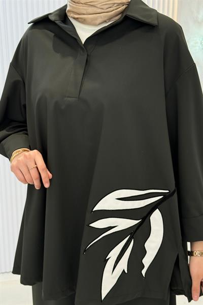 Büyük Beden Yaprak Desenli Pantolonlu Takım Haki OTW9489