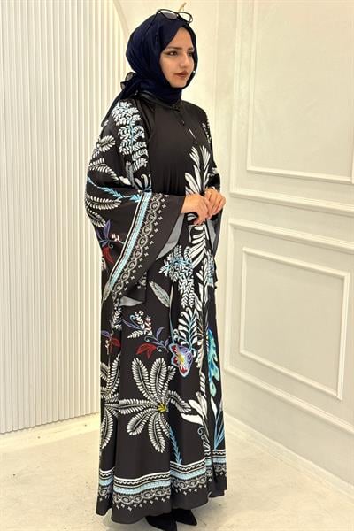 Büyük Beden Yaprak Desenli Saten Elbise Siyah OTW2653