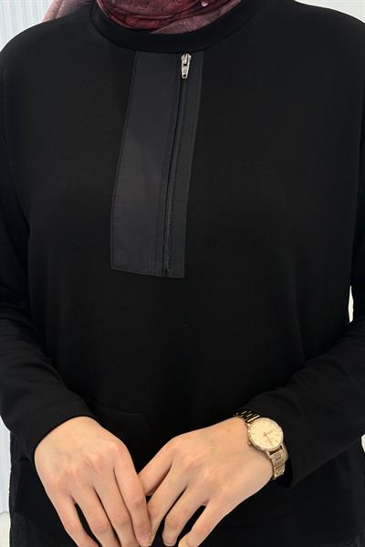 Büyük Beden Yarım Fermuarlı Pantolonlu Takım Siyah OTW337