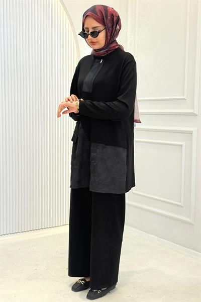 Büyük Beden Yarım Fermuarlı Pantolonlu Takım Siyah OTW337