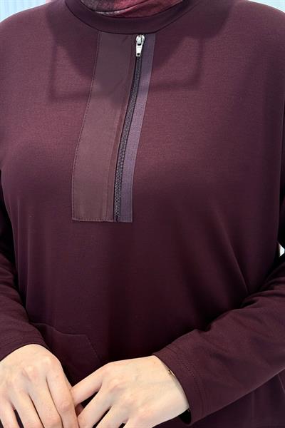 Büyük Beden Yarım Fermuarlı Pantolonlu Takım Bordo OTW337