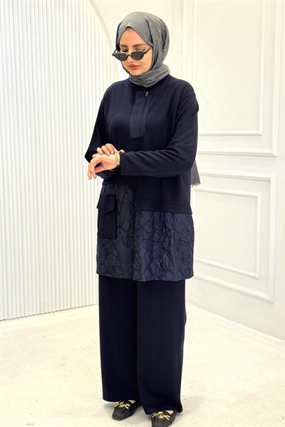 Büyük Beden Yarım Fermuarlı Pantolonlu Takım Lacivert OTW337