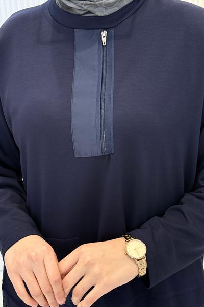 Büyük Beden Yarım Fermuarlı Pantolonlu Takım Lacivert OTW337