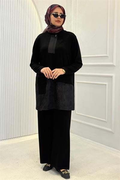 Büyük Beden Yarım Fermuarlı Pantolonlu Takım Siyah OTW337