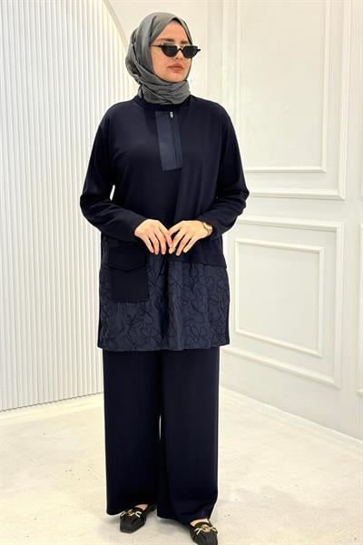 Büyük Beden Yarım Fermuarlı Pantolonlu Takım Lacivert OTW337