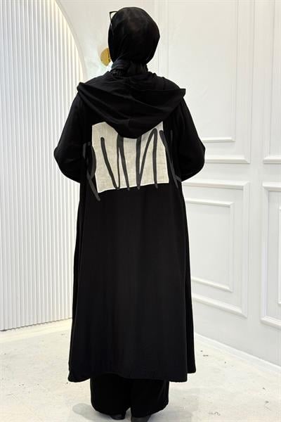 Büyük Beden Yazı Baskılı Fermuarlı Kap Siyah OTW1756