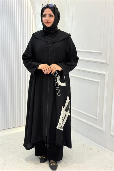 Büyük Beden Yazı Baskılı Fermuarlı Kap Siyah OTW1756