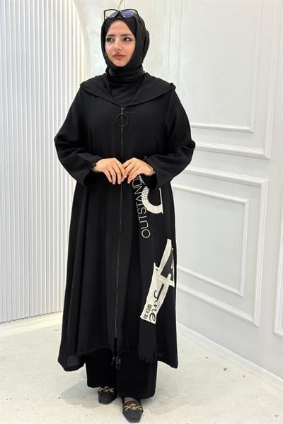 Büyük Beden Yazı Baskılı Fermuarlı Kap Siyah OTW1756