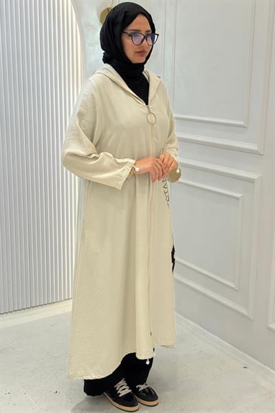 Büyük Beden Yazı Baskılı Fermuarlı Kap Bej OTW1756