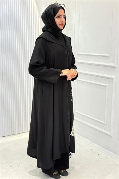 Büyük Beden Yazı Baskılı Fermuarlı Kap Siyah OTW1756
