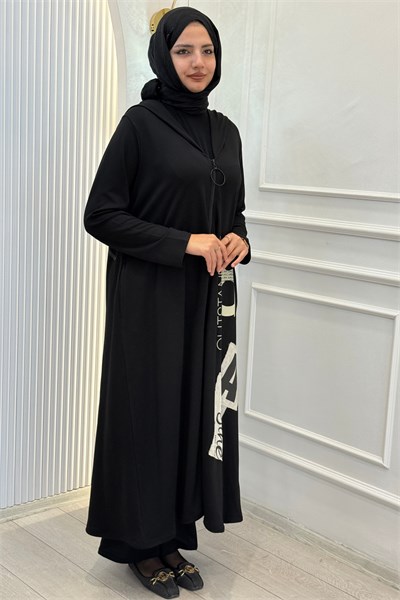 Büyük Beden Yazı Detaylı Tesettür Kap Siyah OTW2782