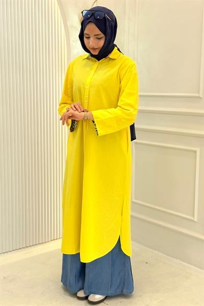 Büyük Beden Yazlık Uzun Gömlek Sarı OTW211869