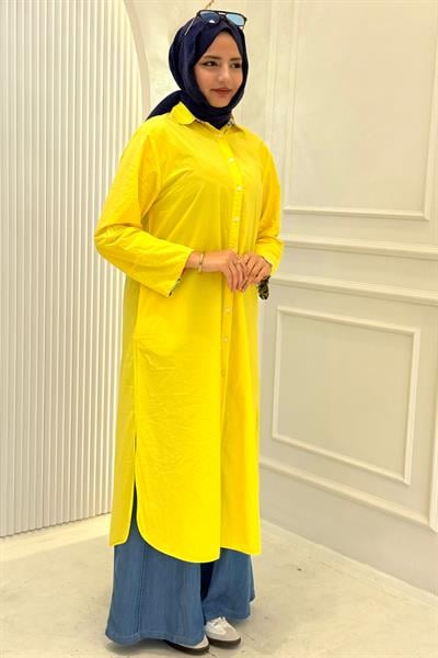 Büyük Beden Yazlık Uzun Gömlek Sarı OTW211869