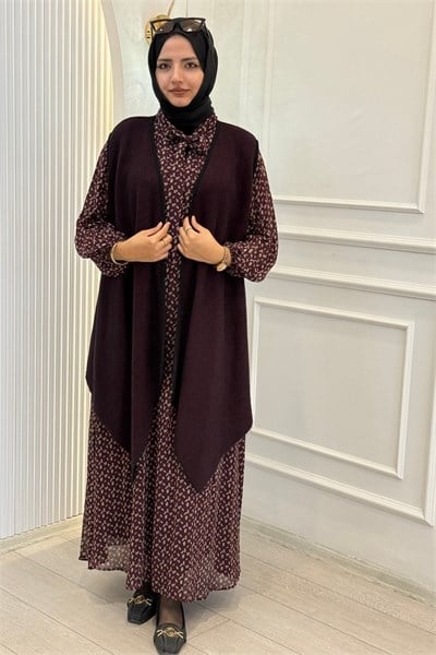 Büyük Beden Yelekli Desenli Elbise Takım Bordo OTW4279