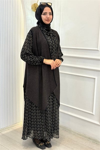 Büyük Beden Yelekli Desenli Elbise Takım Siyah OTW4279