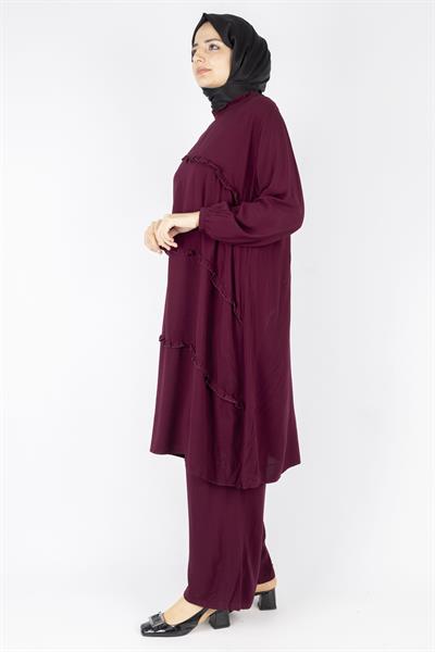 Büyük Beden Yıkanmış Viskon Takım Bordo OTW559