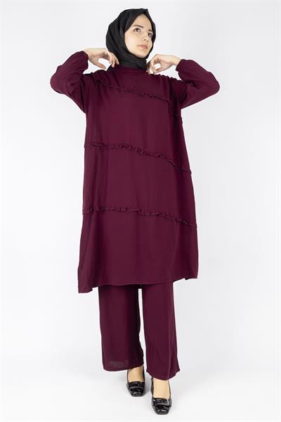 Büyük Beden Yıkanmış Viskon Takım Bordo OTW559