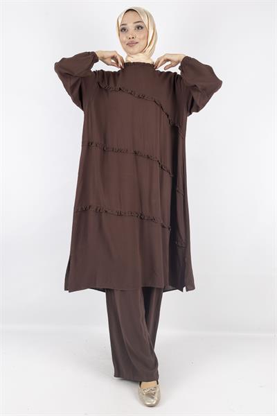 Büyük Beden Yıkanmış Viskon Takım Kahve OTW559