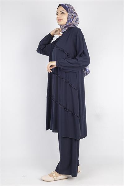 Büyük Beden Yıkanmış Viskon Takım Lacivert OTW559