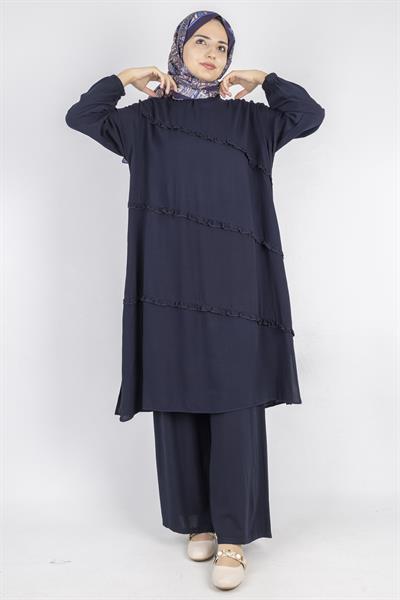 Büyük Beden Yıkanmış Viskon Takım Lacivert OTW559