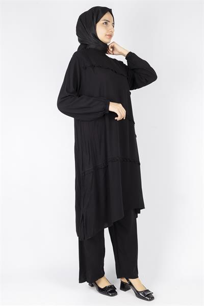 Büyük Beden Yıkanmış Viskon Takım Siyah OTW559