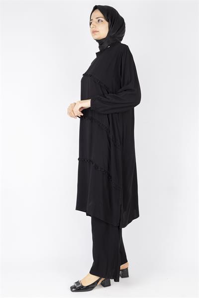 Büyük Beden Yıkanmış Viskon Takım Siyah OTW559