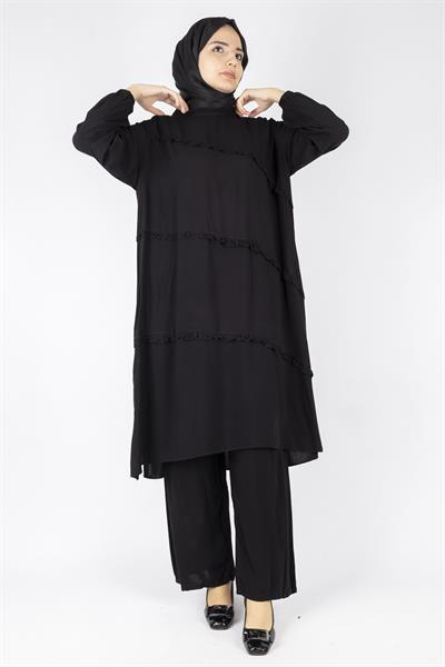 Büyük Beden Yıkanmış Viskon Takım Siyah OTW559