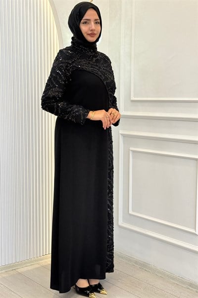 Büyük Beden Zarif Payet Detaylı Tesettür Abiye Siyah OTW3185