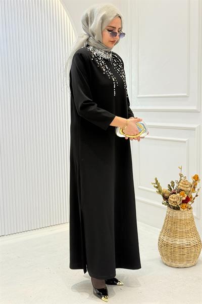Büyük Beden Zarif Taş İşlemeli Elbise Siyah OTW9454