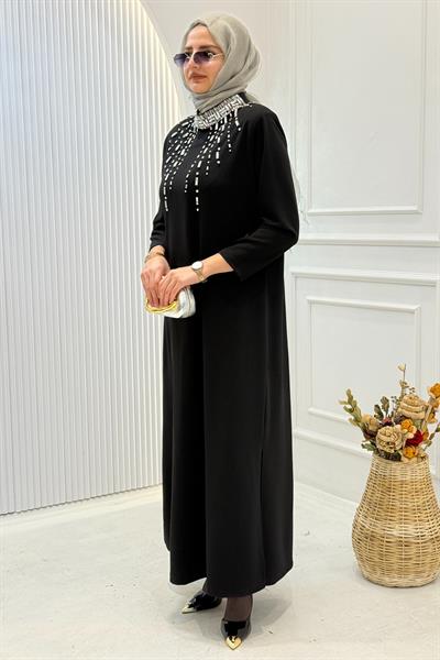 Büyük Beden Zarif Taş İşlemeli Elbise Siyah OTW9454