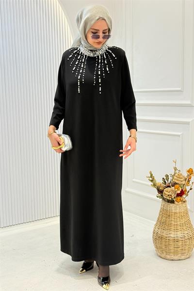 Büyük Beden Zarif Taş İşlemeli Elbise Siyah OTW9454