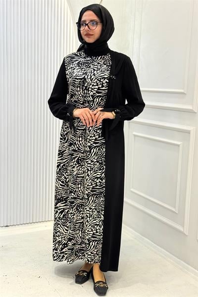Büyük Beden Zebra Desenli Elbise Siyah OTW5940