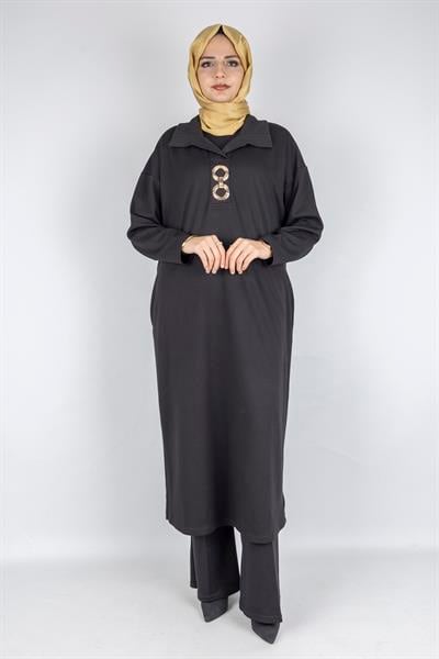 Büyük Beden Zincir Halkalı Çelik Örme Elbise Siyah OTW7805