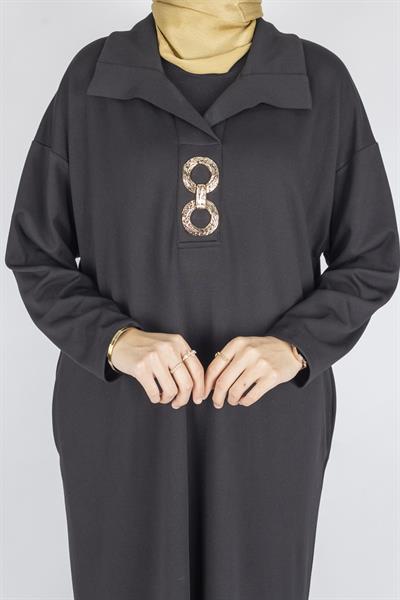 Büyük Beden Zincir Halkalı Çelik Örme Elbise Siyah OTW7805