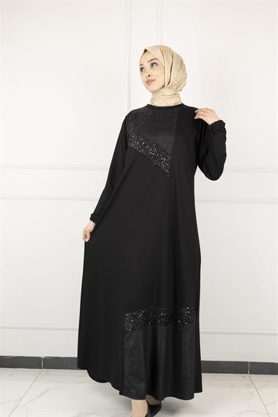 BÜYÜKBEDEN GÜNLÜK İKİ İPLİK PENYE ELBİSE Siyah OTW745