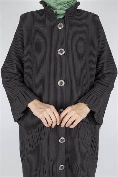 Büzgü Detaylı Düğmeli Büyük Beden Kap Siyah OTW3108