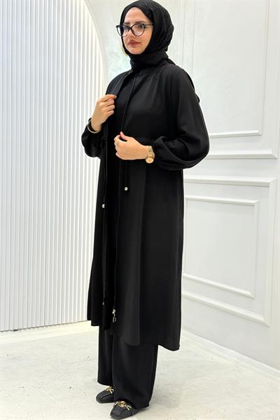 Büzgü Kol Detaylı Uzun Kap Pantolonlu Takım Siyah OTW8633