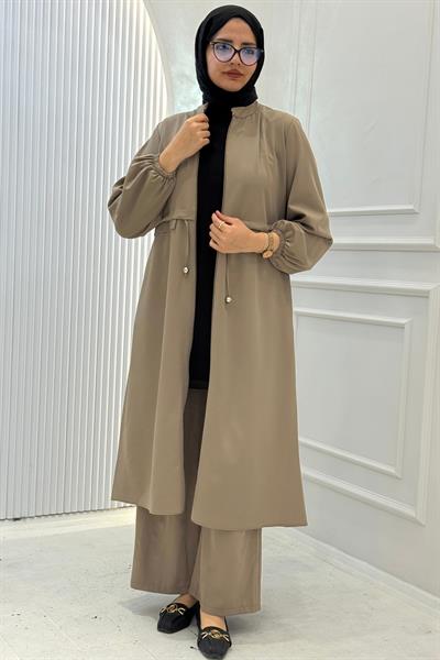 Büzgü Kol Detaylı Uzun Kap Pantolonlu Takım Bej OTW8633